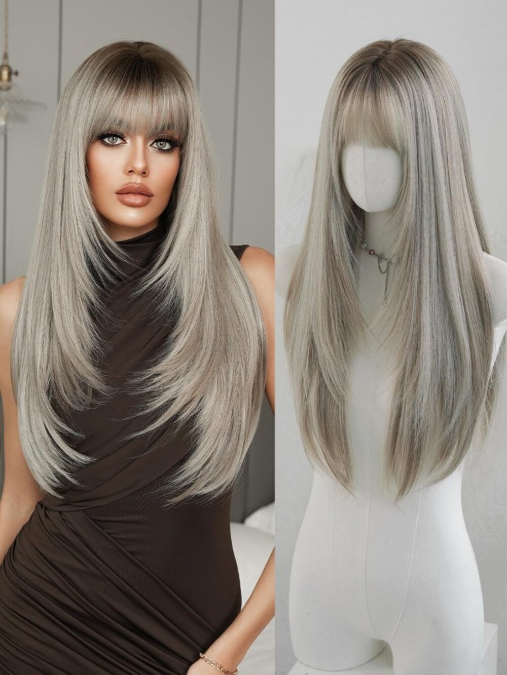 26IN Women's Grey Blonde Fashion Long Straight Layered Synthetic Wig With Bangs